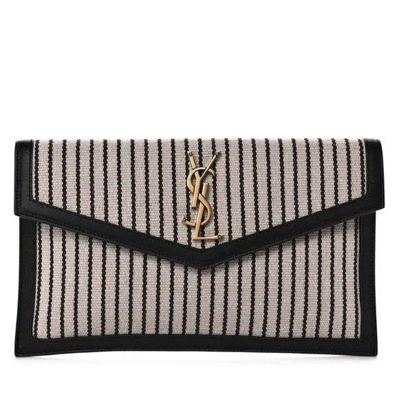 Yves Saint Laurent Uptown Canvas Striped Clutch Cream Black YSL Gold Hardware - Picture 1 of 14